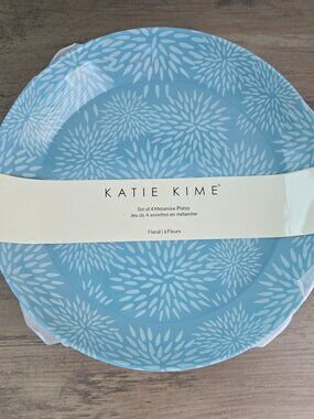 Katie Kime Set of 4 Melamine Plates Floral Summer Spring Picnic Teal Blue 8.6"